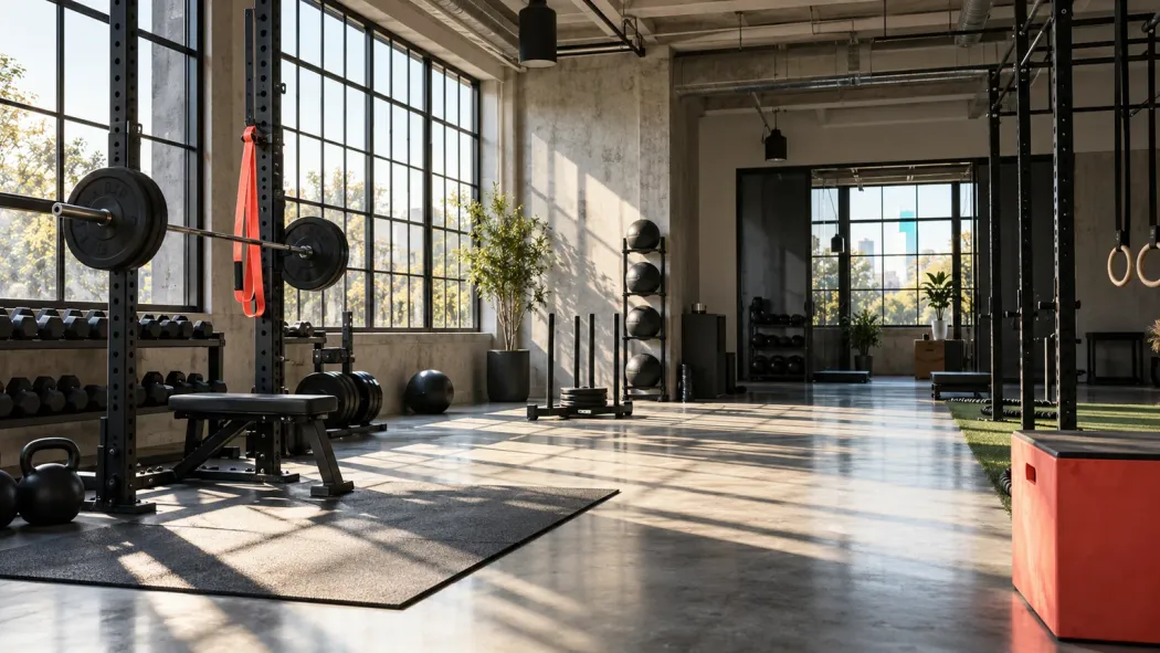 Fiktives modernes Trainingsstudio mit Kraftgeräten