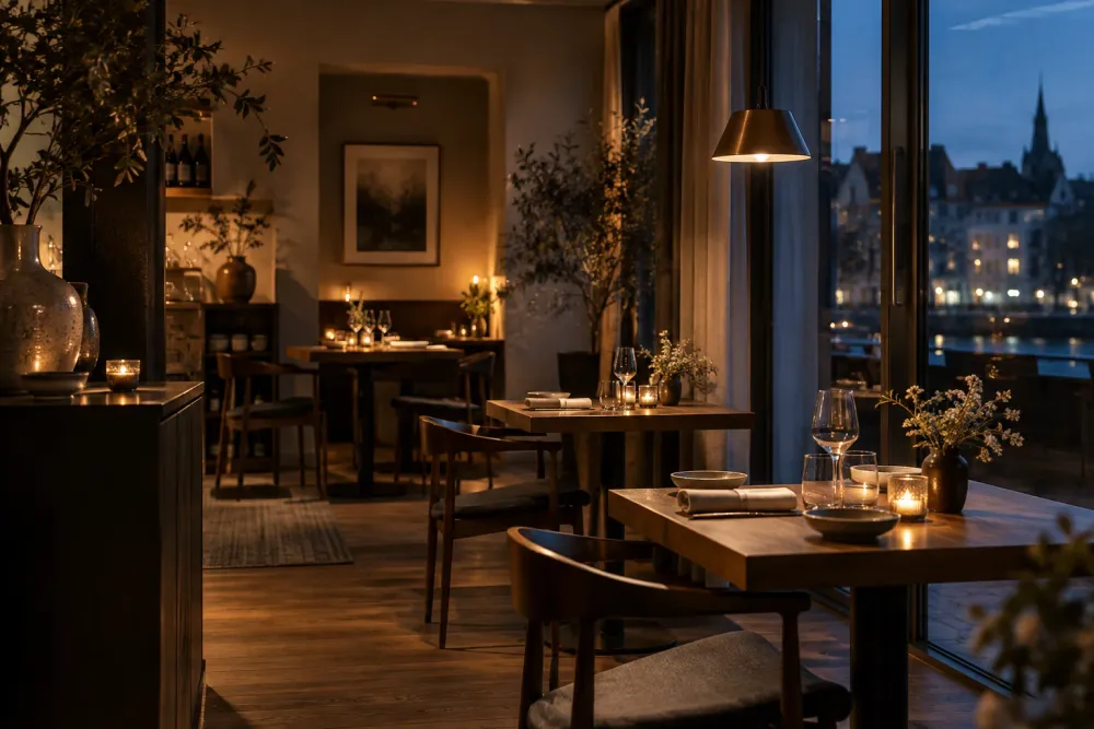Fiktiver atmosphärischer Restaurantgastraum am Abend