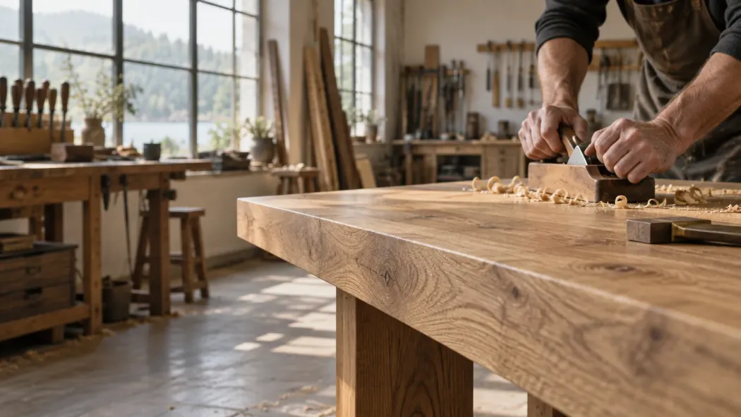 Fiktive Tischlerei: Arbeit an einem massiven Holztisch