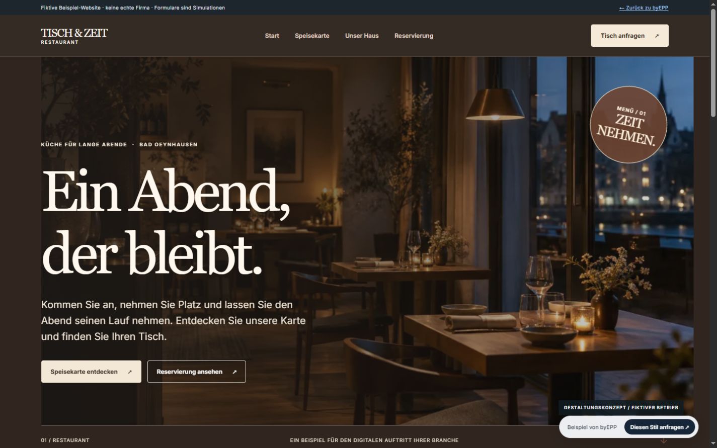 Vorschau der fiktiven Website TISCH & ZEIT