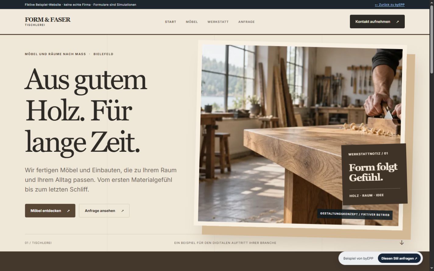 Vorschau der fiktiven Website FORM & FASER